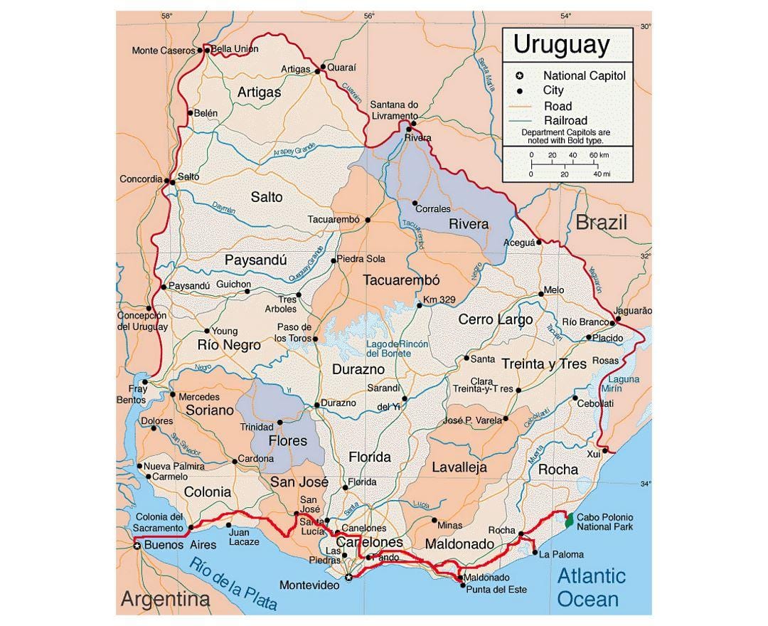 Carte de l'Uruguay avec citie
