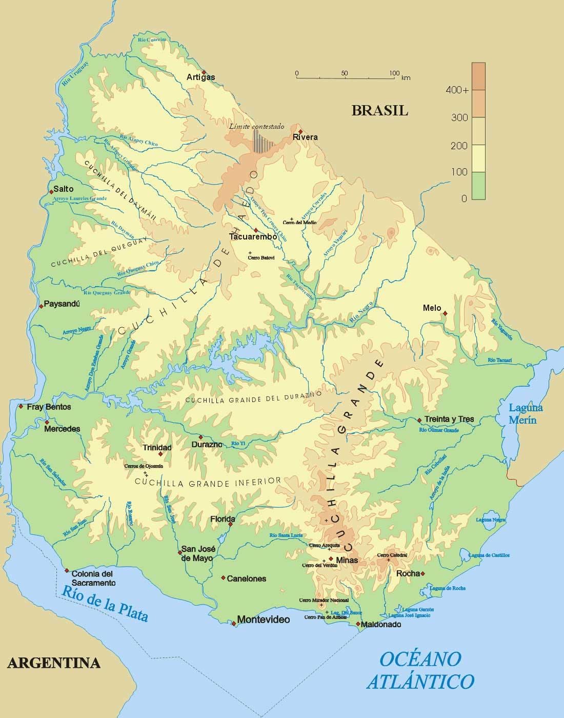 Carte physique de l'Uruguay